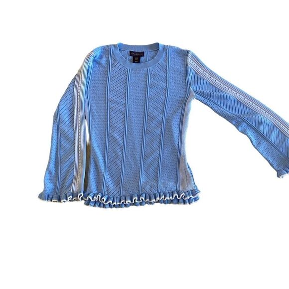 EUC Blue Amaryllis Sweater with White Accents and Ruffles - Picture 3 of 11